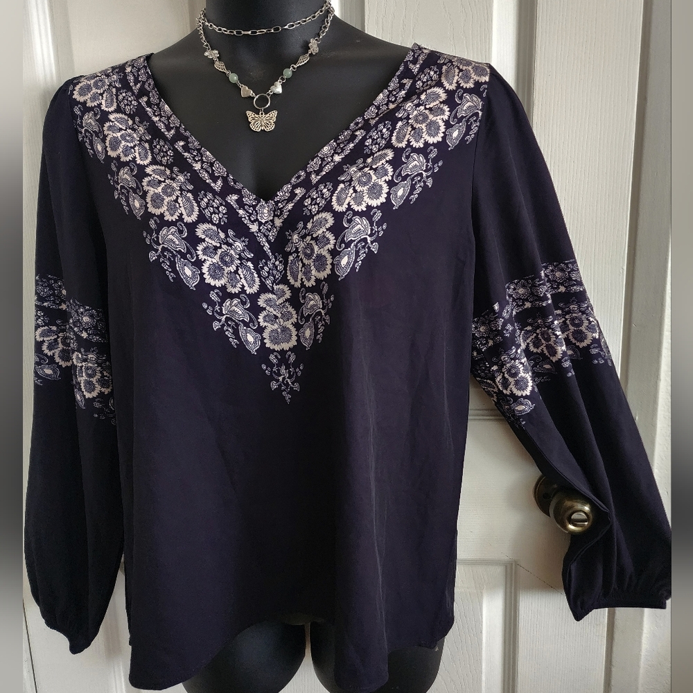 New Navy Blue n Cream Bohemian V-Neck Long Sleeve Top Plus Size XXL